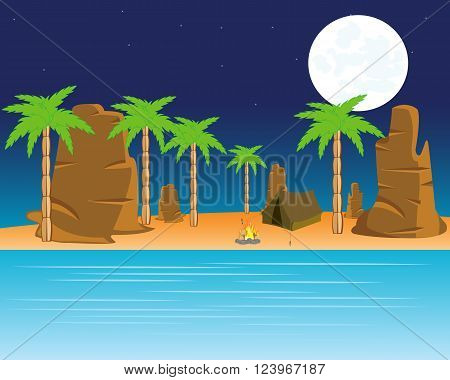 The Night landscape seeshore in tropical paradise.Vector illustration