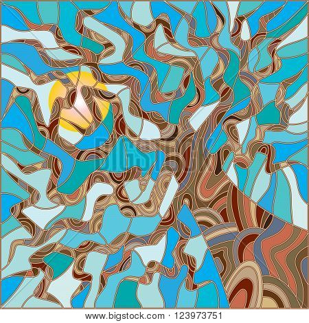 Abstract illustration in stained glass style with tree on sky background and sun