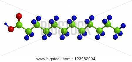 Molecular structure of Lauric acid (dodecanoic acid) - saturated fatty acid with a 12-carbon atom chain, 3D rendering