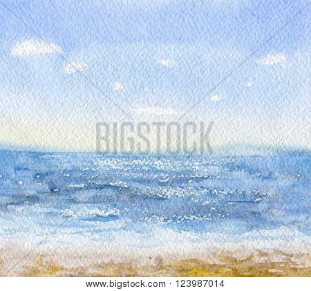 Hand drawn watercolor illustration. Nature landscape. Watercolor sketch of blue sea. Tropical beach background.