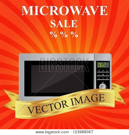 Microwave and gold ribbon on a red background. Template for flyers leaflets. Sale. Vector image. Appliances. Home kitchen.