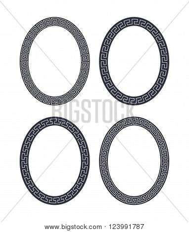 Vector set of four oval meander frames. Greek hand drawn border for banner, card, invitation, postcard, label, poster, emblem and other design elements. Vector isolated illustration.
