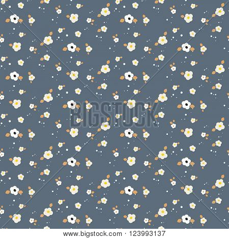 Spring small wild flower field seamless pattern. Floral blue and mustard fine summer vector pattern on dark blue background. For fabric textile prints and apparel.