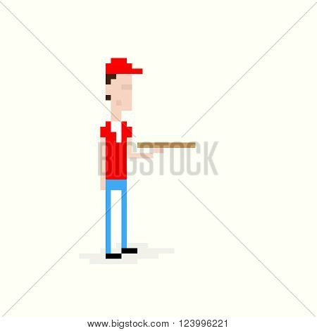 Pixel art delivery boy holding pizza box