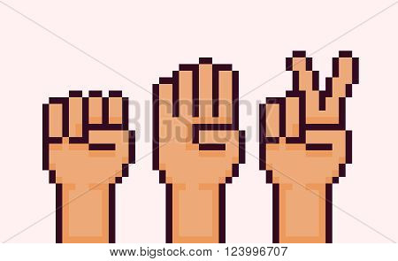 Pixel art hands showing rock paper scissors game gestures