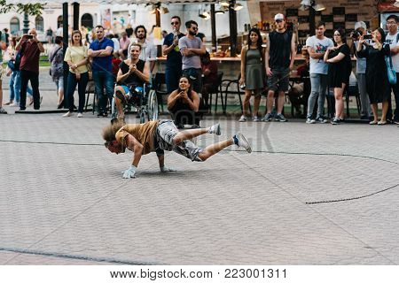 Budapest, Hungary - August 14, 2017: Street performers in Vorosmarty ter square in historical centre of Budapest