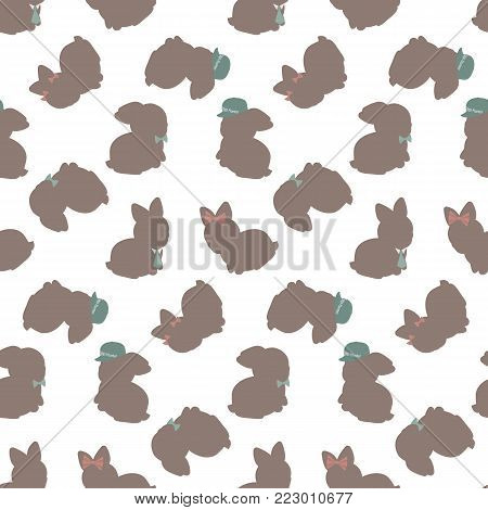 Seamless pattern. Vector flat illustration with cute bunny rabbit, eggs hunter. Happy easter.  Easter Bunny.