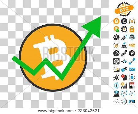 Bitcoin Growth Trend icon with bonus bitcoin mining and blockchain icons. Vector illustration style is flat iconic symbols. Designed for bitcoin apps.
