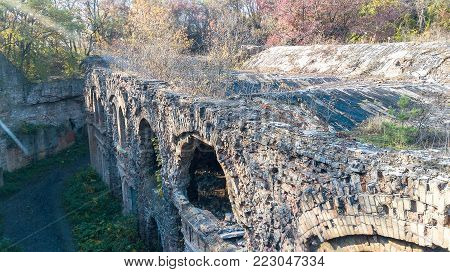 Aerial view of Wall of an old fortress with windows and doors.