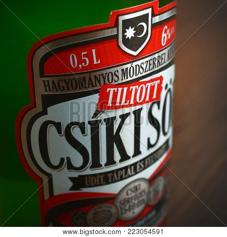 Caransebes, Romania - January 20: A bottle of hungarian Csiki Sor beer, label detail. Studio shot taken on January 20th, 2018 in Caransebes, Romania