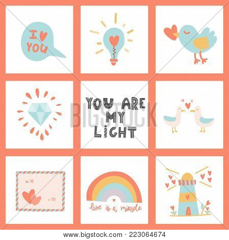 You are my light. Hand drawn lettering and Valentine's Day signs. Stock vector
