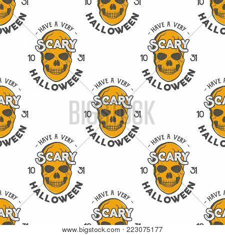 Halloween skulls seamless pattern with holiday wish typography. Scary halloween wallpaper. Stock vector isolated on white background. retro colors. Vintage hand drawn design.