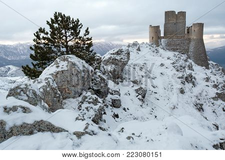 The imposing snowy castle of Rocca Calascio in the ancient lands of Abruzzo