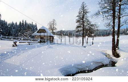 wintry country with cottage, snowfall, wood and flat country snow covered