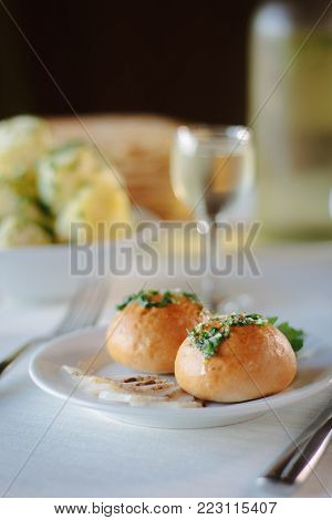 Ukarnian Food - Round Pastries Pampushki On Ceramic Plate