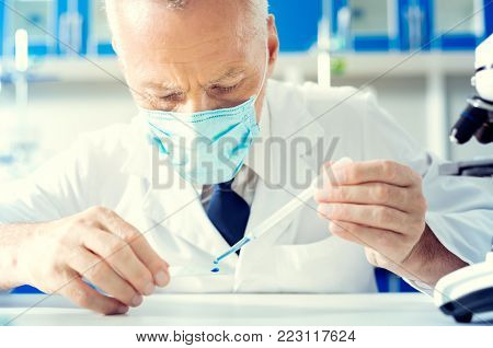 For further investigations. Selective focus on head of a mature researcher wearing mask a microscope glass while using a pipette and taking a sample.