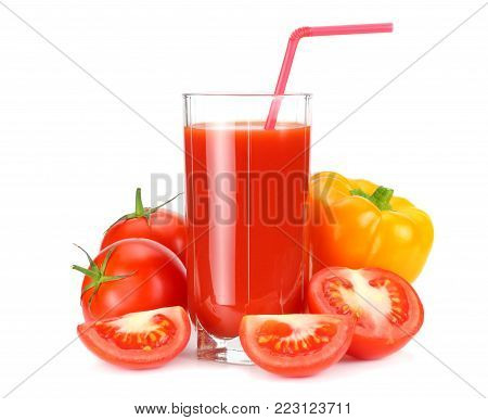 Tomato Juice Isolated On White Background. Juice In Glass