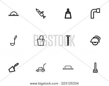 Set of 12 editable apparatus icons line style. Includes symbols such as lawn mower, cuisine utensil, soup ladle and more. Can be used for web, mobile, UI and infographic design.