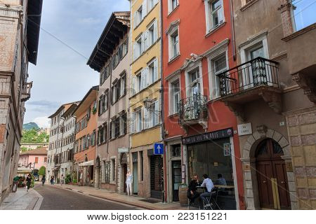 Trento, Italy - May 24, 2017: Via San Marco in the center of the beautiful Italian city of Trento in the region of Trentino Alto Adige Suedtirol