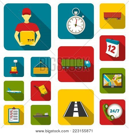 Logistics service flat icons in set collection for design. Logistics and equipment vector symbol stock  illustration.
