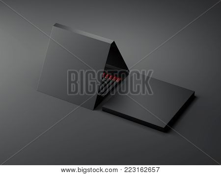 Black opened matchbox isolated on dark background. 3d rendering