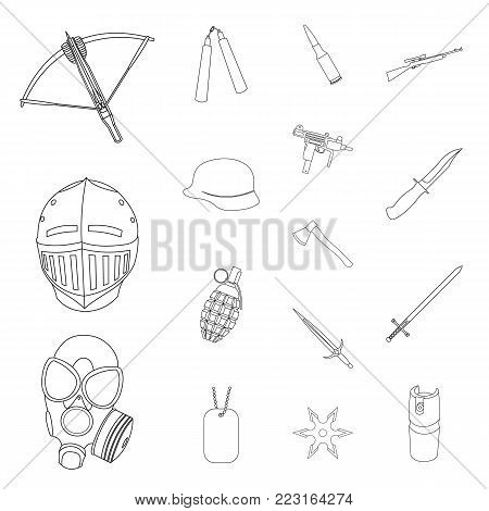 Types of weapons outline icons in set collection for design.Firearms and bladed weapons vector symbol stock  illustration.