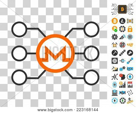 Monero Node Links icon with bonus bitcoin mining and blockchain symbols. Vector illustration style is flat iconic symbols. Designed for cryptocurrency ui toolbars.