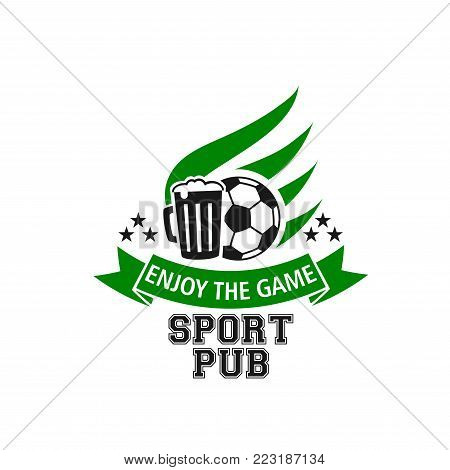 Soccer live sport bar or football game pub icon of ball wings and beer pint mug with ribbon and champion stars. Vector isolated design template of green football ball and beer glass for championship
