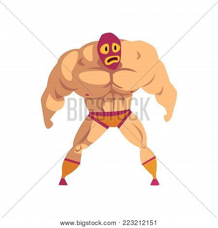 Professional muscular wrestler standing in pose. Mixed martial artist. Combat sport concept. Cartoon strong man character in red mask and sports shorts. Flat vector illustration isolated on white.