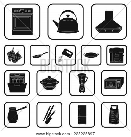 Kitchen equipment black icons in set collection for design. Kitchen and accessories vector symbol stock  illustration.