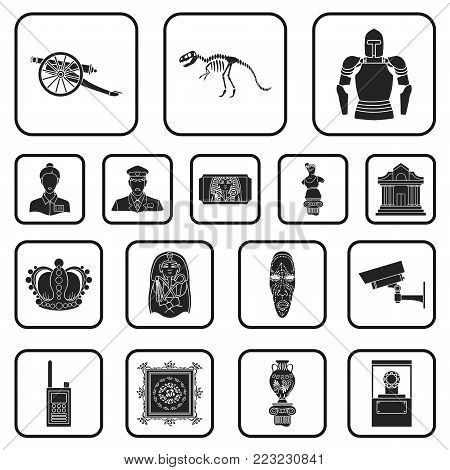 Museum and gallery black icons in set collection for design. Storage and exhibition of showpiece vector symbol stock  illustration.