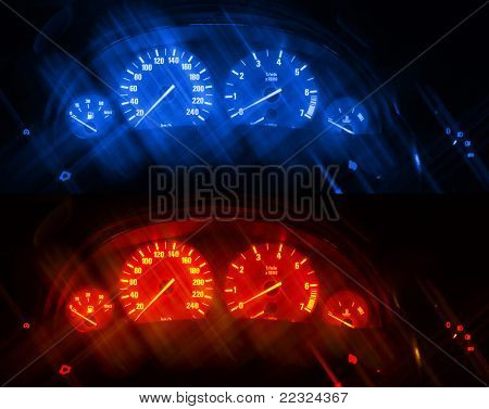 Dashboards of a modern car with artificial blurred lines. Two same images different toned