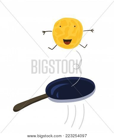 A pancake jumping in the frying pan. Vector Illustration For Shrovetide. Isolated