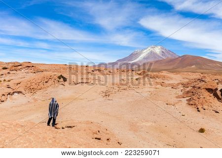 An uphill view of the volcano in National Park of Bolivian Altiplano, Uyuni Stock photo