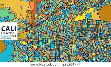 Cali, Colombia, Colorful Vector Artmap. Blue-Orange-Yellow Version for Website Infographic, Wall Art and Greeting Card Backgrounds.