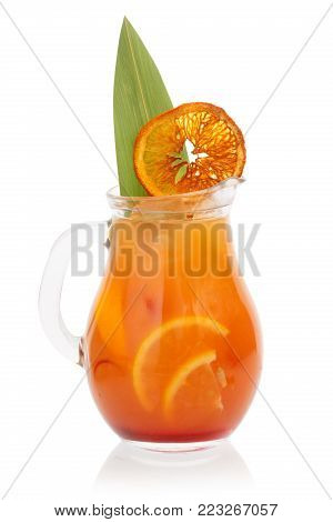 Baverage with citrus flavor decorated with spicy orange and leaf