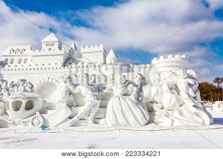 Harbin, China - February 2013: Snow sculptures in the 25th China Harbin Sun Island International Snow Sculpture Art Expo. Located in Harbin City, Heilongjiang, China.