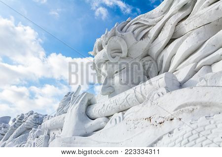 Harbin, China - February 2013: Snow sculptures in the 25th China Harbin Sun Island International Snow Sculpture Art Expo. Located in Harbin City, Heilongjiang, China.
