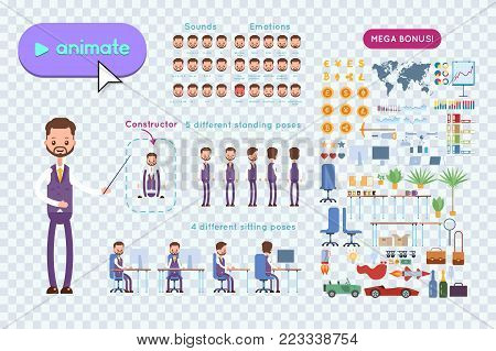 Big set for animation business advertising. Businessman in a vest with a beard and mustache holds a pointer in his hands and explains. On a transparent background