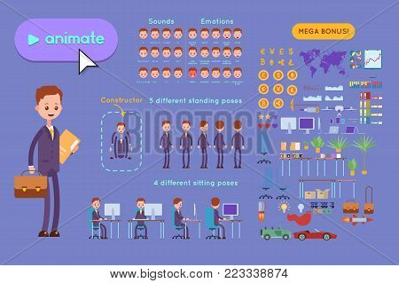 Big set for animating business advertising. Young businessman in a purple suit with a briefcase and a paper folder in his hands. On a violet background