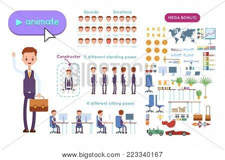 Big set for animating business advertising. Young businessman in a purple vest holds a briefcase and waves his hand. On a white background