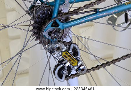 Bangkok, Thailand - November 23, 2012: Vintage bicycle component CAMPAGNOLO: Rear derailleur equipped on Italian bicycle MASI display at A Day Bike Fest 2012, Bangkok