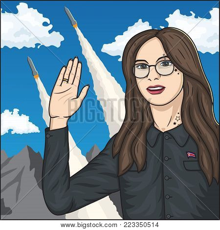 Girl in a North Korean uniform waving in the background of the start nuclear missiles