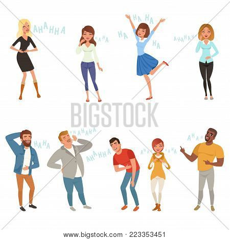 Colorful icon set with loudly laughing people at funny joke. Cartoon men and women characters in casual clothes. Hahaha text. Full-length portraits. Flat vector design isolated on white background.