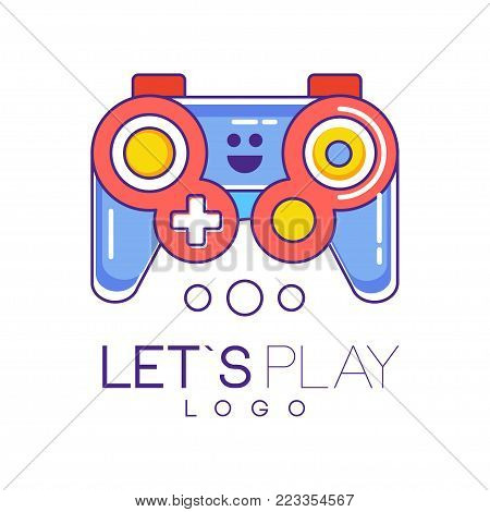 Xbox gamepad logo design in line style with red and blue fill. Wireless joystick for game console. Graphic element for gadget store, developers company. Colorful vector illustration isolated on white.