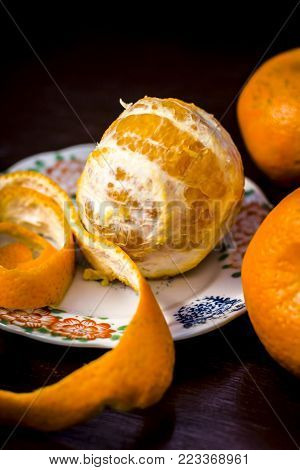 Close Up Of Fresh Ripe Oranges,citrus Aurantium Without Peel On Wooden Surface.;