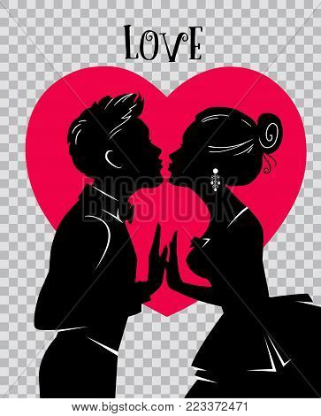 Valentines Day Card. Lovers kiss. Man and woman kissing on background of red heart. Man in tuxedo, woman in ball gown. Silhouettes of loving couple. Illustration for wedding invitation card