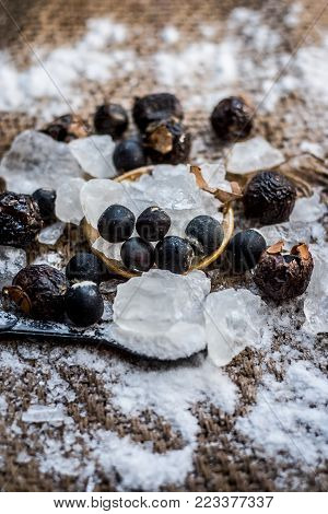 Close Up Of Alum, Potassium Aluminium Sulfate And Soap Nut,sapindus Ingredients Of A Traditional Too