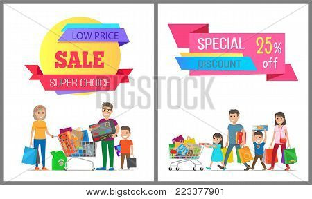 Special discount low price super choice posters, vector illustration of two cute families, wheelbarrows, various purchases, text sample, light field