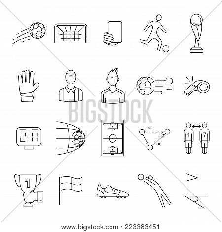 Soccer line icons set design for labels and advertising. Contains such icons as stadium, field, ball and more. Sport accessories collection for info graphics, websites and print media. Editable stroke